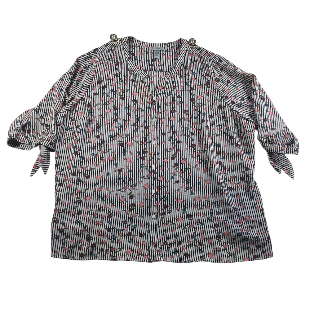 Catherines 4X Plus Size Striped Floral Button Front Blouse Tie Sleeve Top 30/32W